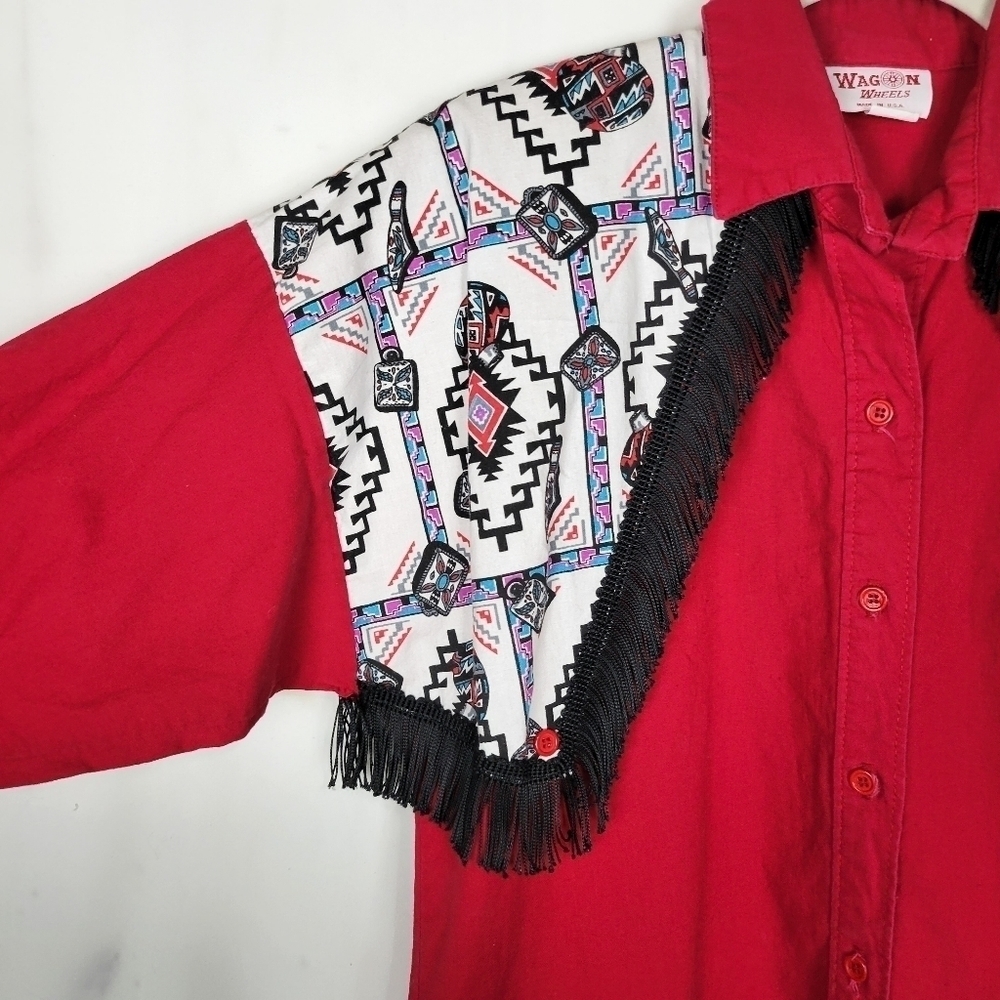 Vintage Wagon Wheels Red Western Rodeo Fringe Button Up Shirt - Picture 2 of 9